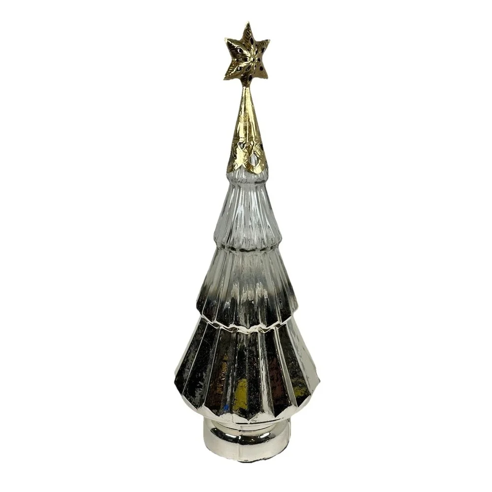 Silver Mercury Glass Tiered Christmas Tree Decor w/ Gold Star Topper 17
